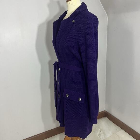 Ralph Lauren Preppy Purple Ribbed Long Cardigan Knit Sweater Belt Pockets Cotton - Picture 7 of 12